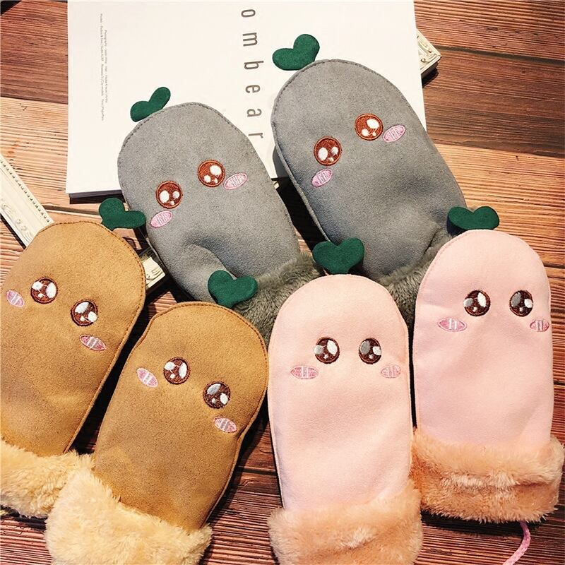 手袋女性の冬の漫画かわいいかわいいもやしスエードホルター指学生カップルサイクリング潮 ブラック・アイド・ピーズ2151622796