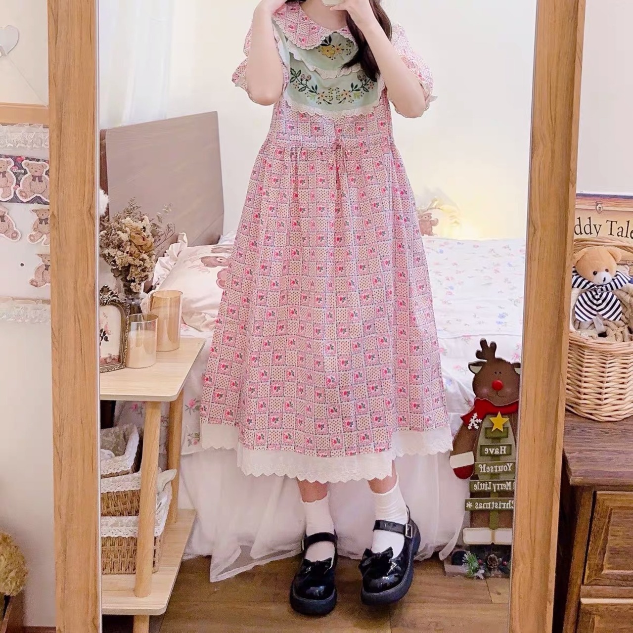 ワンピース ピンク 赤 ワンピース 花柄 パッチワーク フラワー