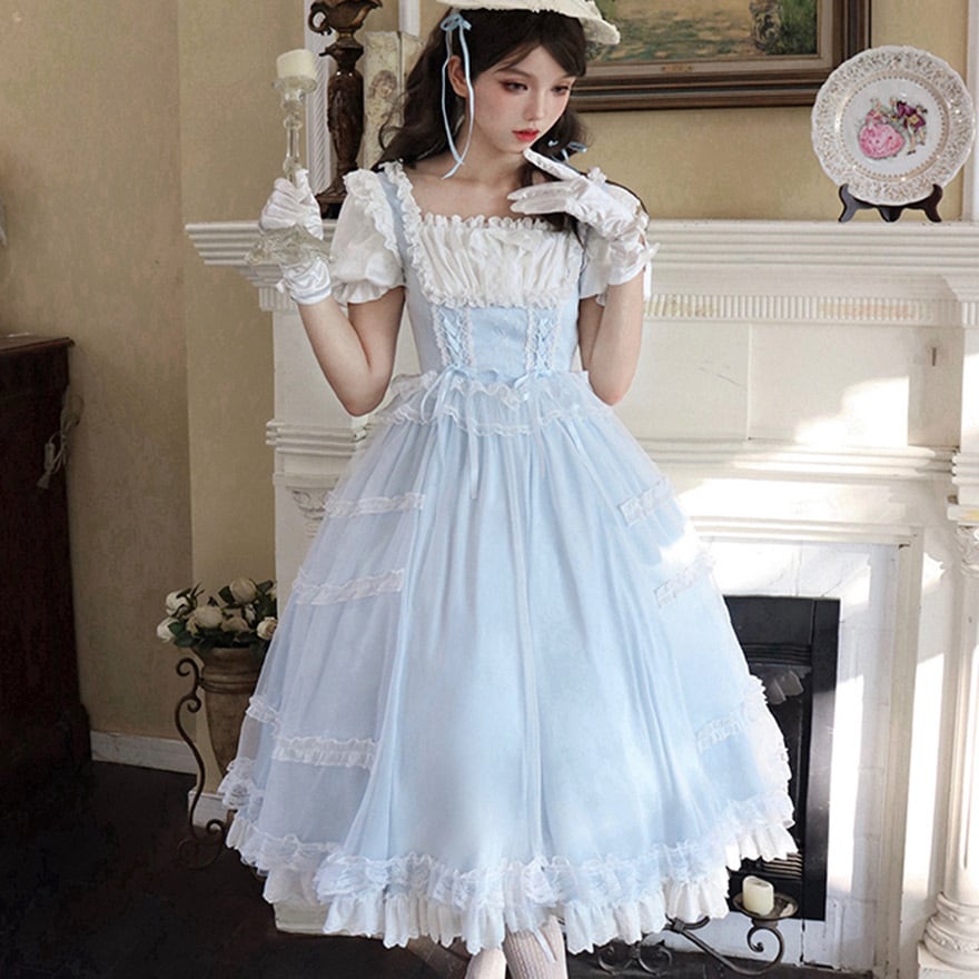 水色ロリータ服・パニエ・ヘッドドレス おおく 3点セット 水色ロリータ服・パニエ・ヘッドドレス おおく 3点セット