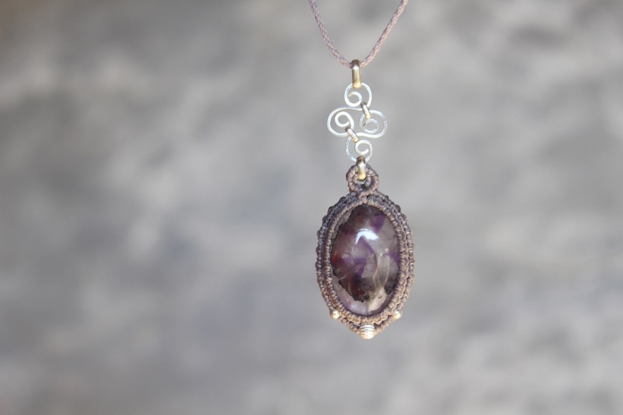 Trapiche amethyst silver925 wirework micro macrame pendant
