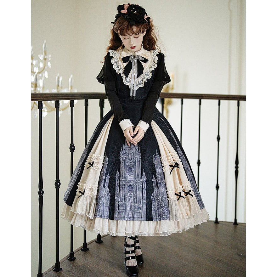 ビ*ラ様 白黒　トーションレース　懐古ロリィタ　ワンピース　Sサイズ程度 クラロリ ワンピース レース クラシカルワンピース スリットスカート