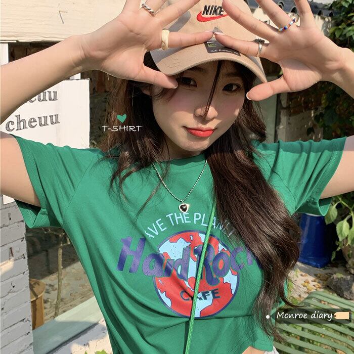 グリーンスリムショートTシャツ サマークロップトップ トップス 夏物 モンロー79823197966