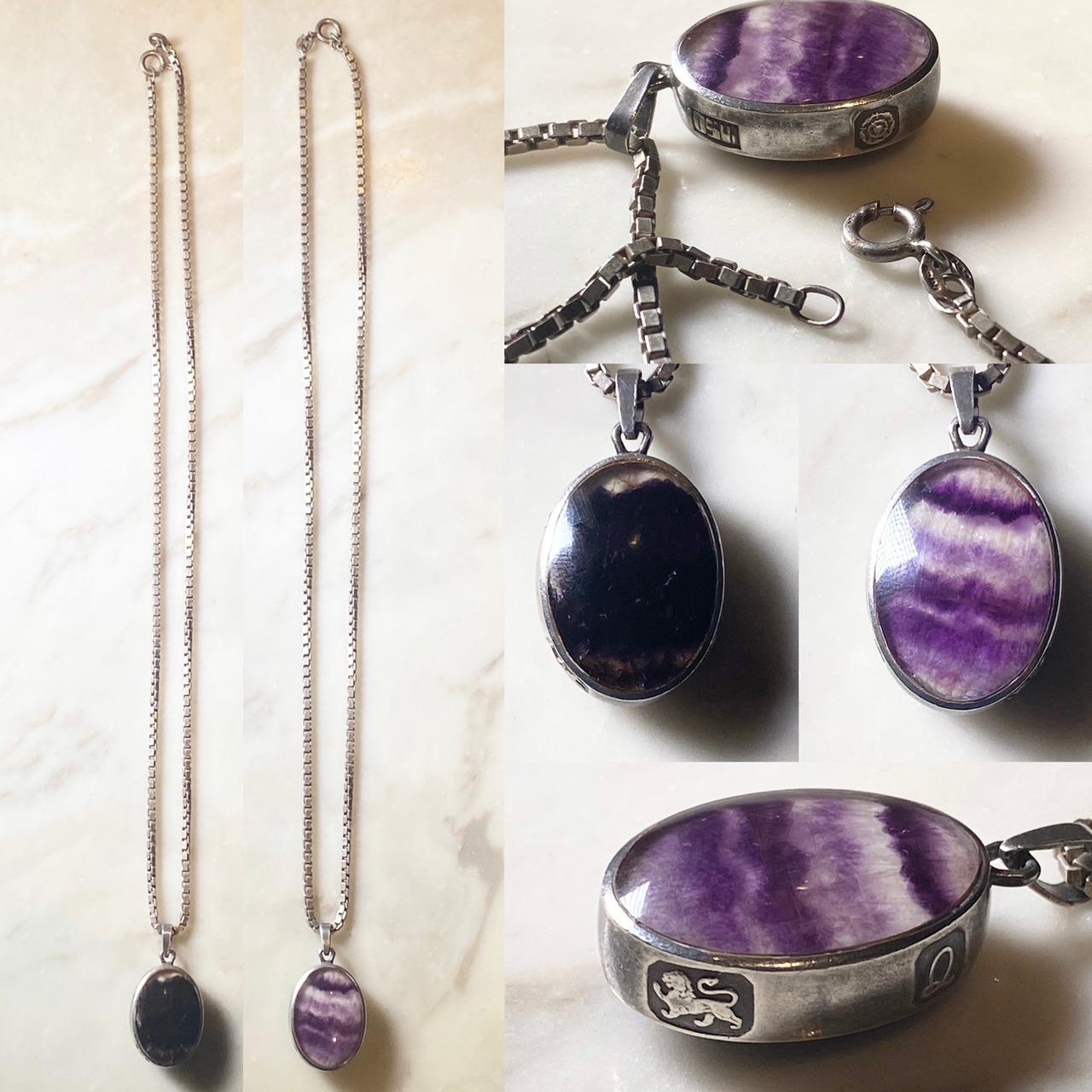 vintage UK silver double face agate pendant necklace