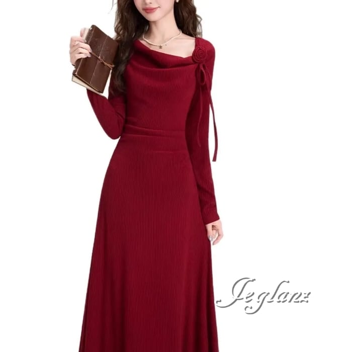 3色 ワンピース 長袖 ドレス 立体フラワー きれいめ シンプル派(MB861)ζ☆