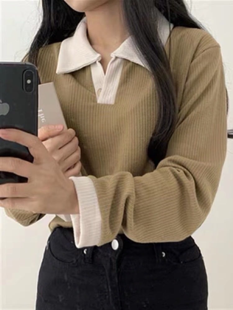 シンプルだからこそ映える カラーブロックニットポロシャツ バイカラー 長袖 シンプル 大人かわいい 秋冬 大きいサイズ 韓国 CH10055