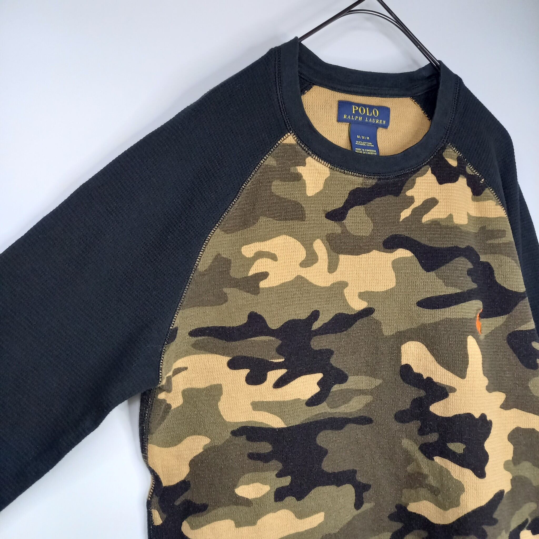 ポロラルフローレン ワッフル ラグランTシャツ ロンT 刺繍ロゴ 迷彩 黒