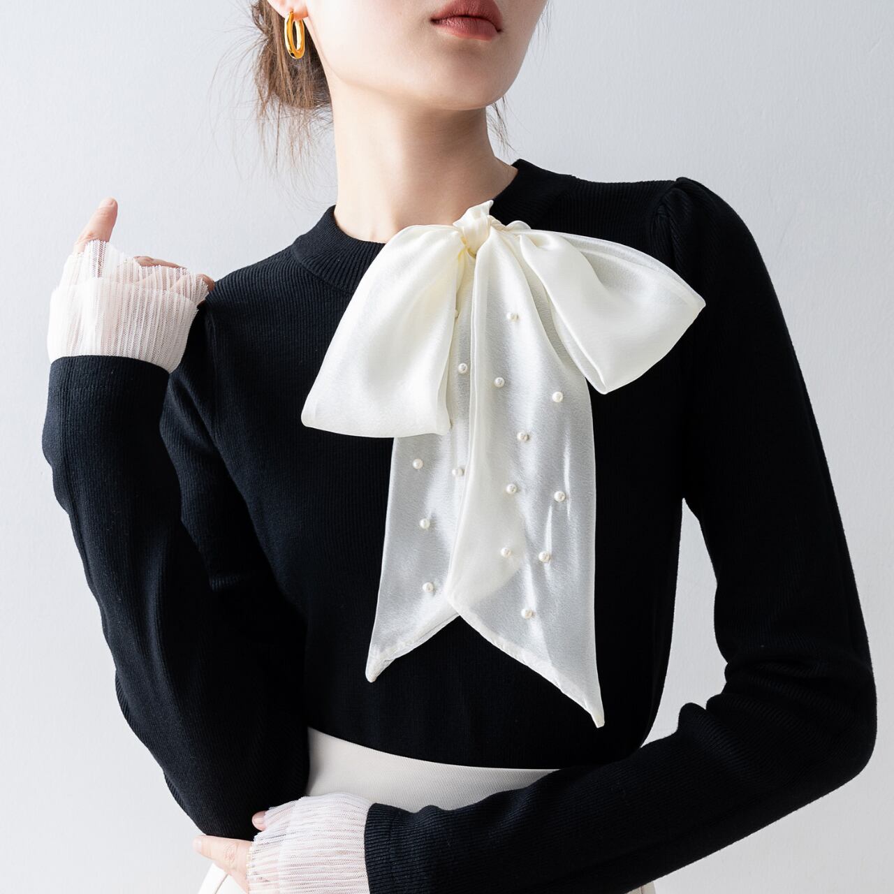 パール リボン ボウタイ ニット トップス