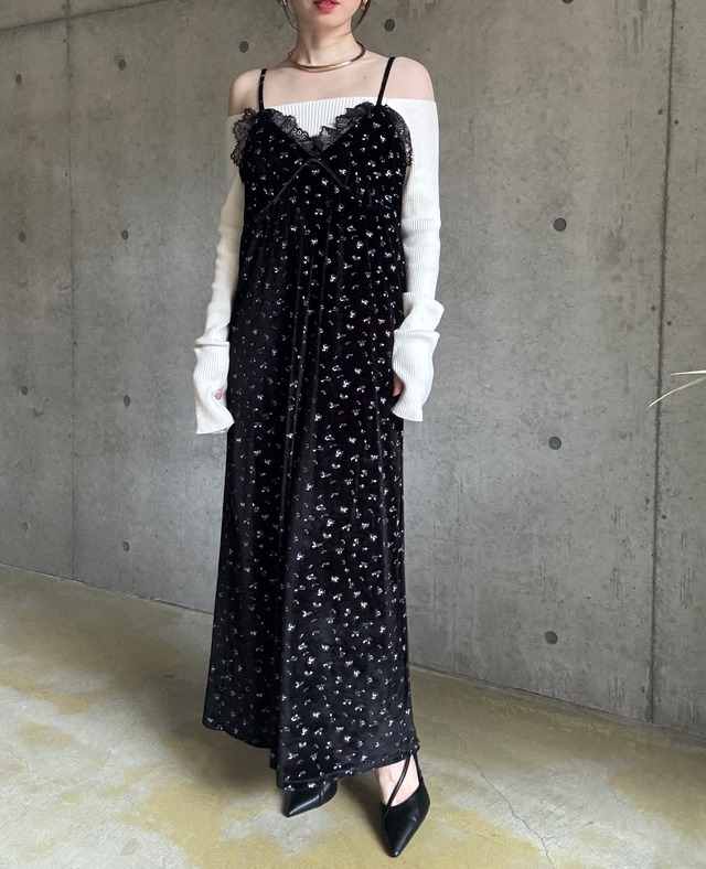 【即納】レース付小花柄ベロアキャミワンピース【ブラック】