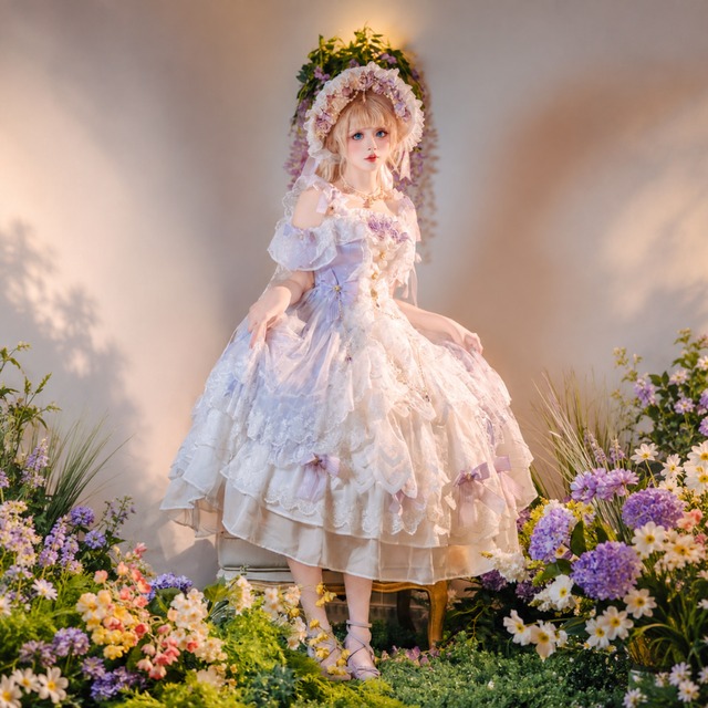 花園に咲く夢色レース 姫袖と幾重フリルのプリンセスロリータドレス
