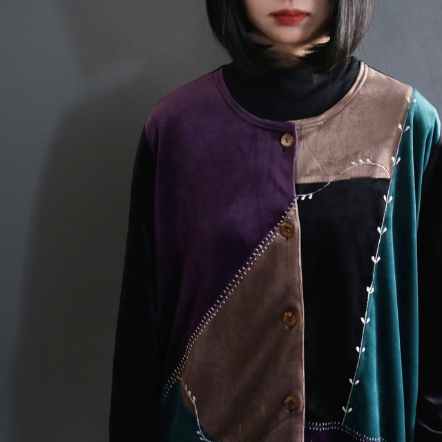 "tugihagi" velour switching design no-collar shirt jacket