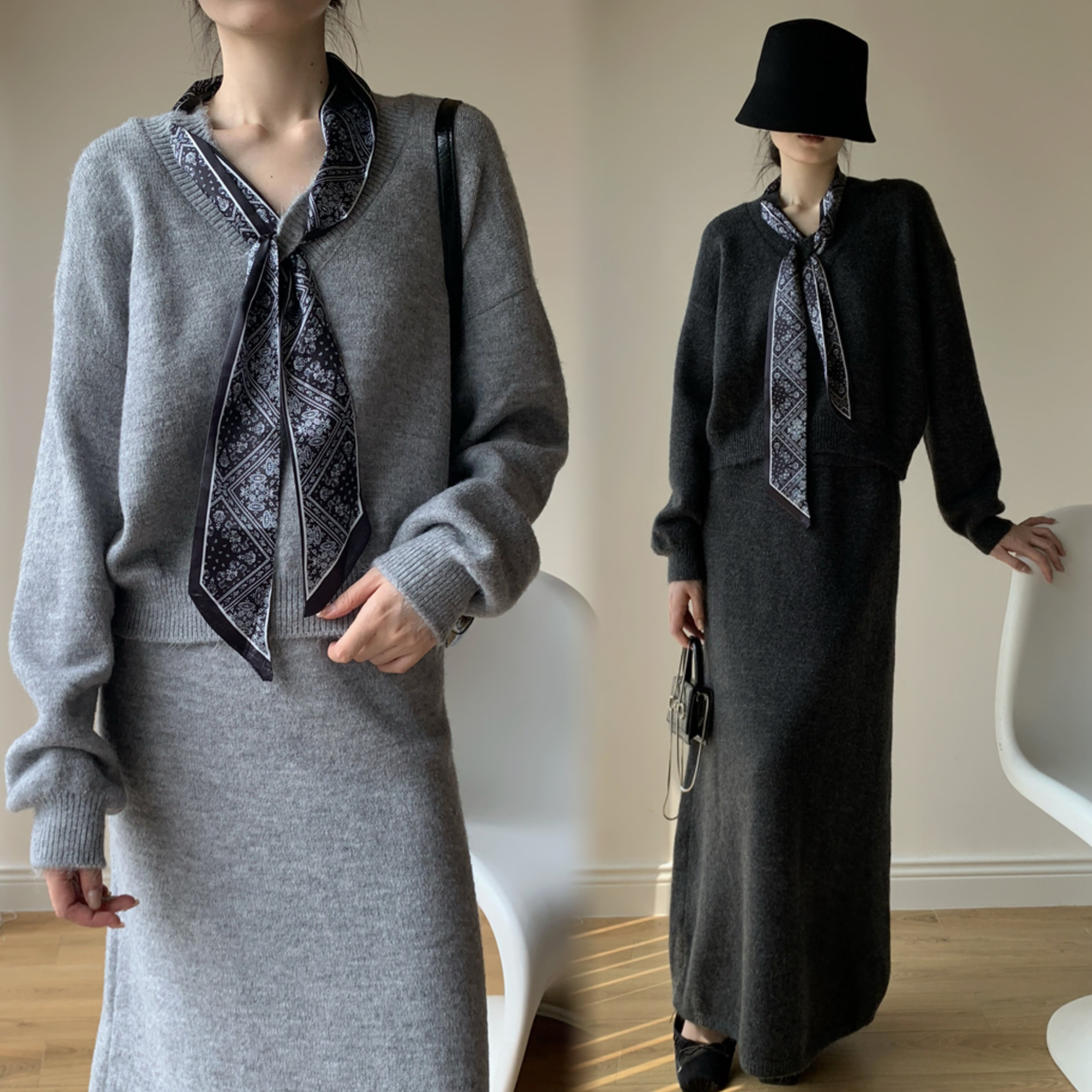 【set】スカーフ付きニットトップス×ロングスカートセット N3452