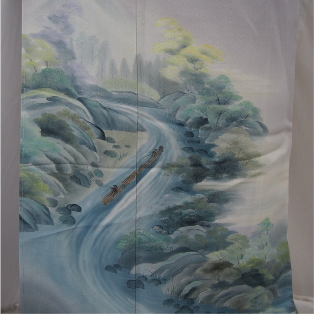 訪問着】白土色に渓流山水文柄の着物 | ひふみ屋