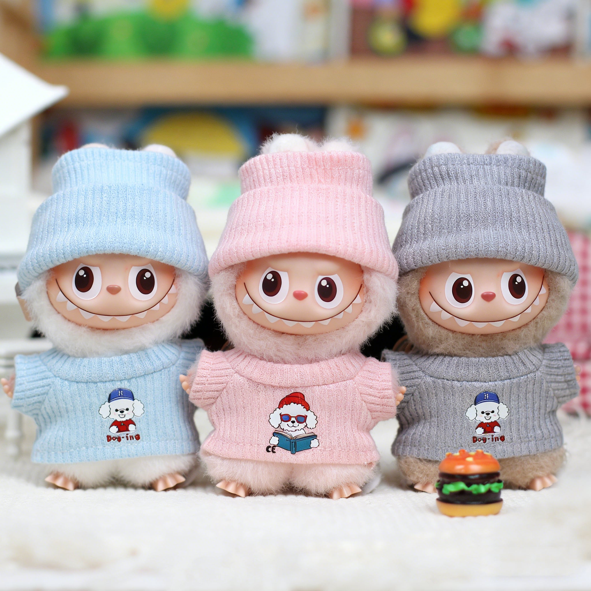 かわいい犬柄♡ 日常使いの萌えコーデ!Labubu 4.0用 10cm ニットセット 2点コーデ 萌え かわいい日常着 犬柄プリント 10cm人形用