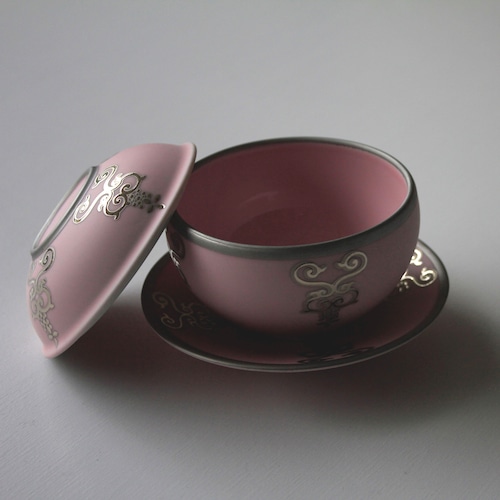 #26-9 プラチナ瓔珞紋ボンボニエール　台皿付　ピンクブラスト