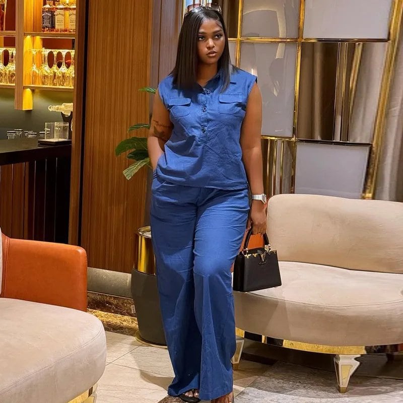 女性ツーピースセットパンツセットマッチングセットノースリーブシングルブレストトップスベストワイドレッグロングパンツカジュアルルーズ 2025 Y2k