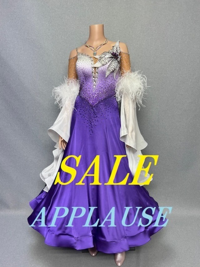 【新着】社交ダンス ドレス　スタンダード　モダンドレス　パープル＆ホワイト（袖ファー）　M　ST-25-5  デモ・競技用ドレス　発表会衣装　パーティドレス　ワンピース　舞台衣装