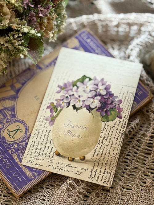 アンティークポストカード フランス イースター すみれ 1915年  額装 インテリア小物 コレクション