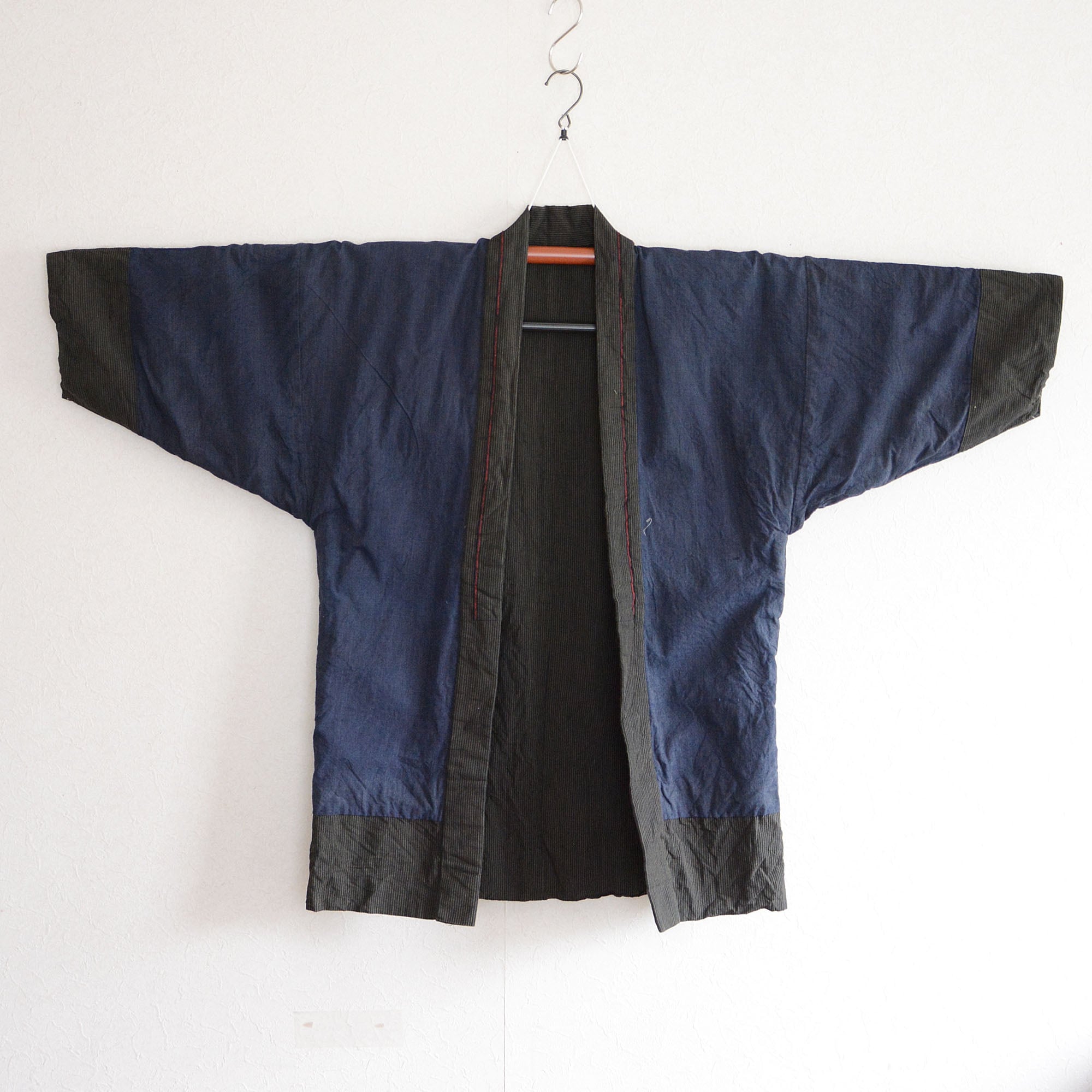 野良着 メンズ 古着 裏面 藍染 木綿 着物 古布 縞模様 ジャパン