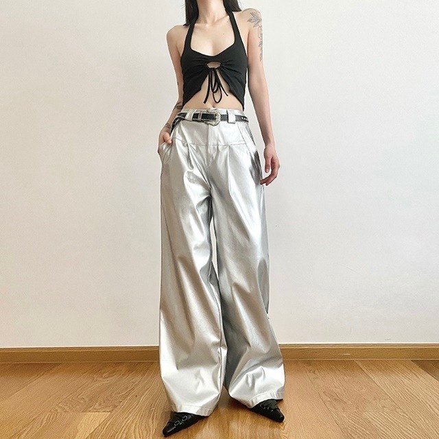 予約販売 パンツ レディース ワイドパンツ 光沢 ハイウエスト メタリック シルバー 銀色 ロング丈 セクシー ダンス ダンサー 衣装 韓国 美ライン トレンド S M L favoriteselect