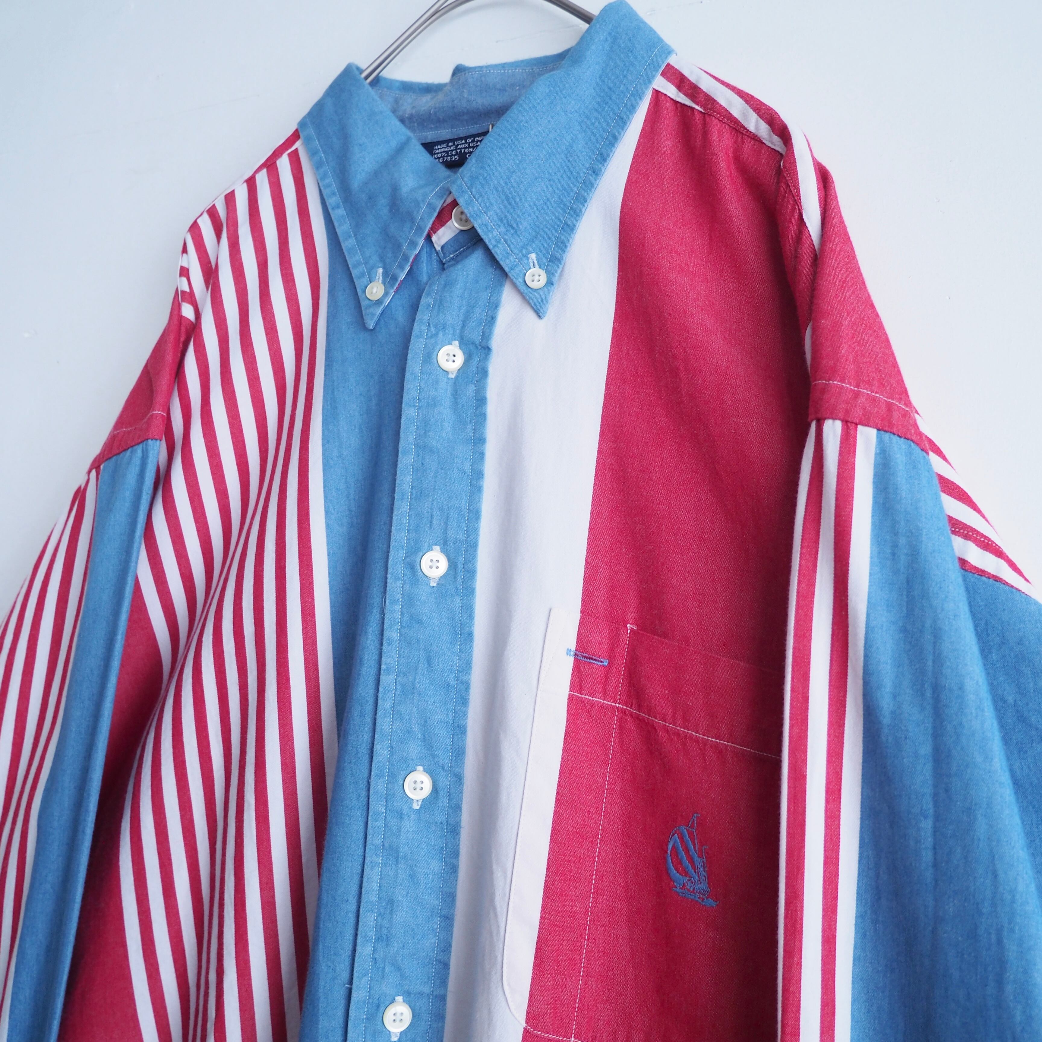 1990s ” Nautica ” tricolor color stripe pattern button down shirt (made in Usa)
