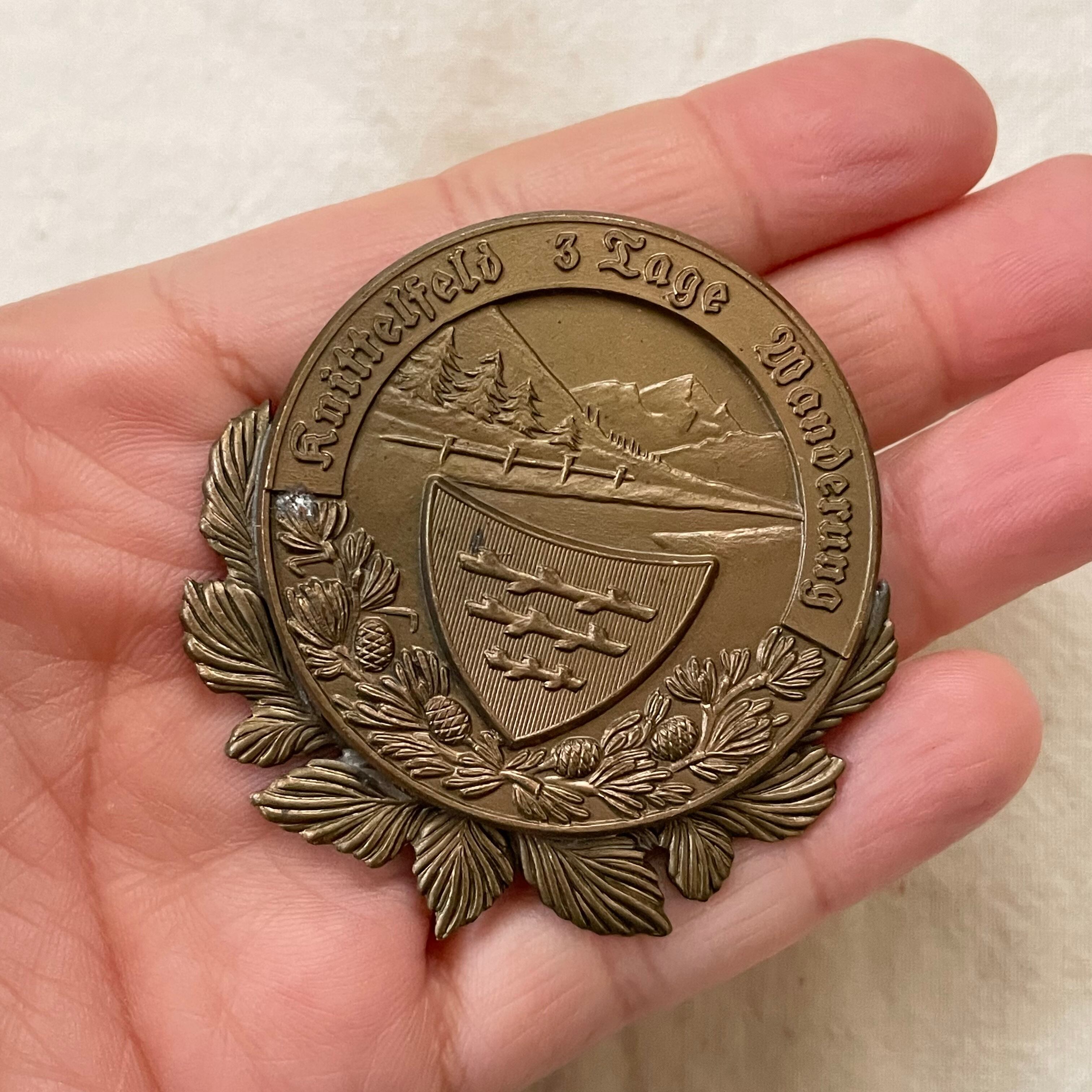 山と植物の銅色ブローチ