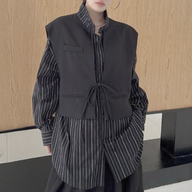 Striped shirt layered vest【2color】 C1263