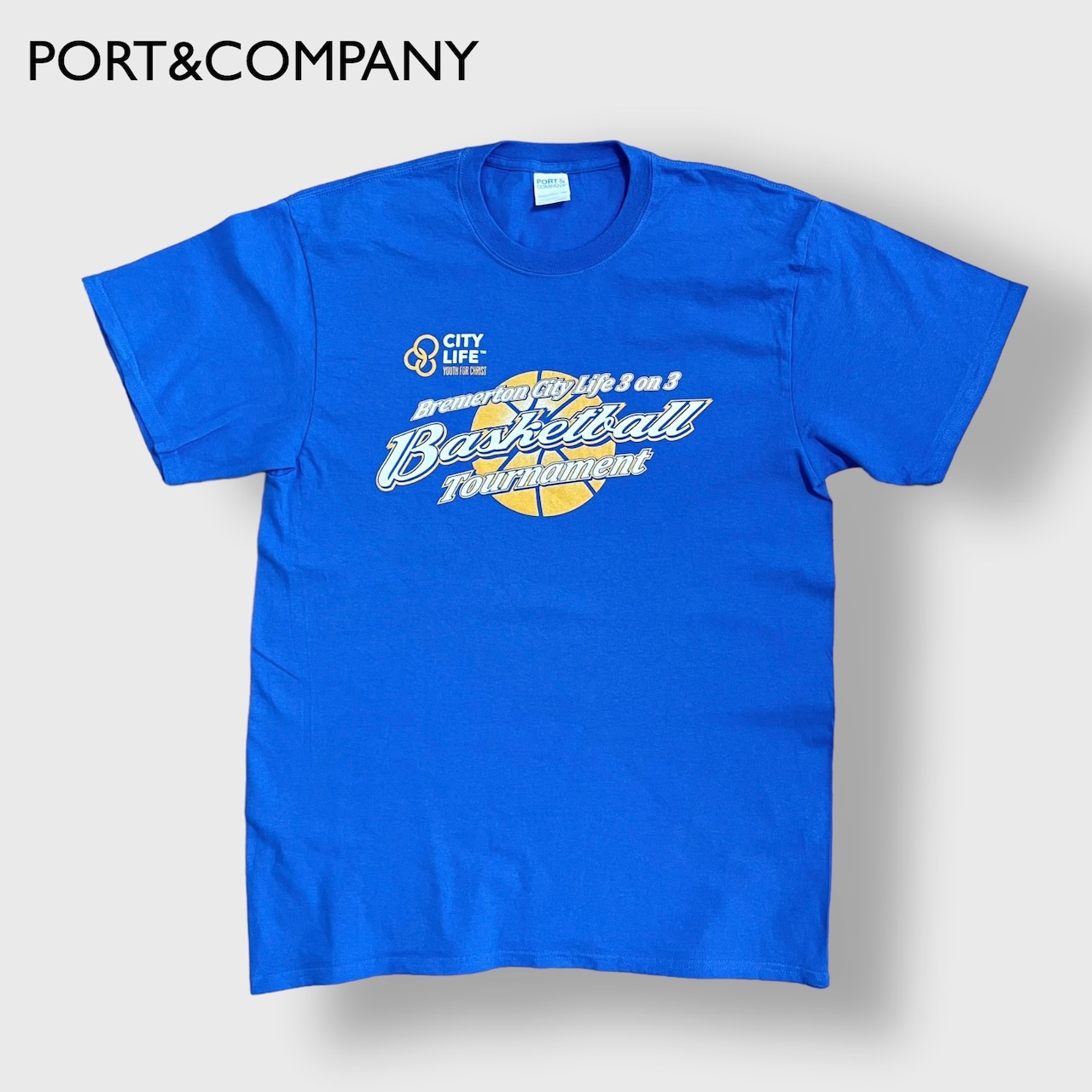 【PORT&COMPANY】3on3 バスケットボール Tシャツ ロゴ バックプリント ブルー basketball 半袖 夏物 US古着