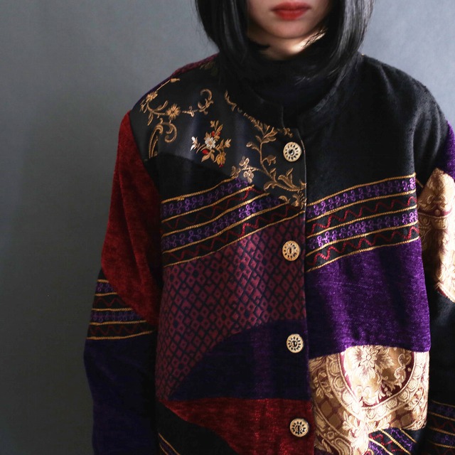 multi fabric switching pattern l/s band collar jacket