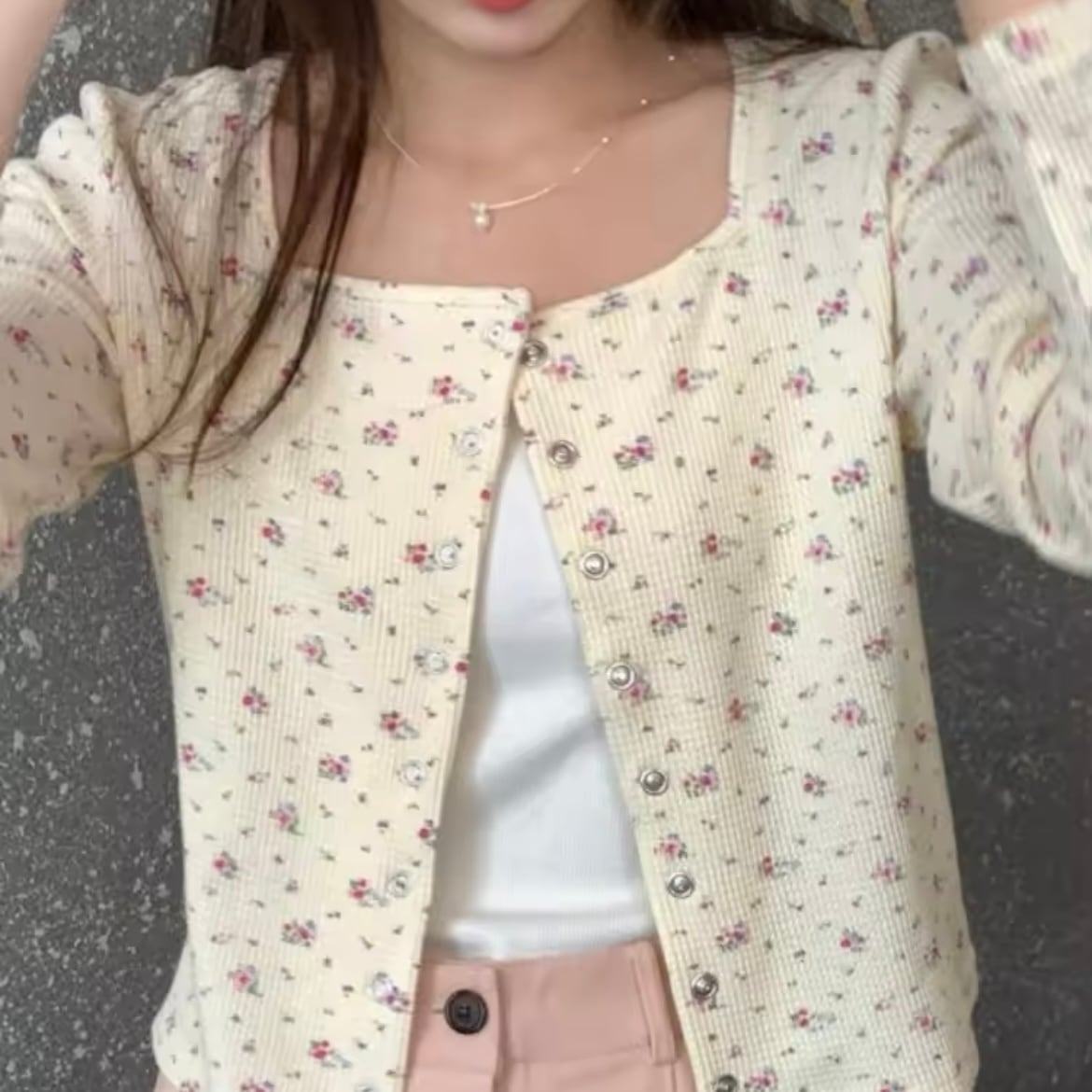 スクエアネックフローラルワッフルカーディガン