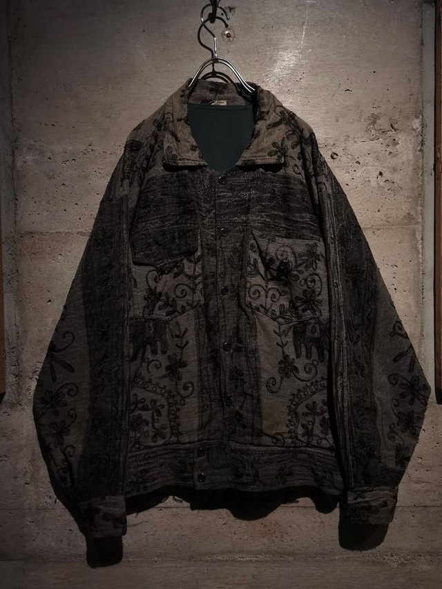【Caka】Faded Design Flower Motif Embroidery Vintage Loose Tracker Shirt Jacket