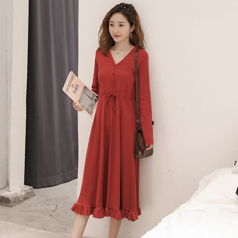 【新作】【送料無料】 マタニティドレス2019春バージョン新しいファッションロングVネックルーズマタニティドレス（ボタンオープン母乳育児）-アリババ スプリング 春物 expec29669514006