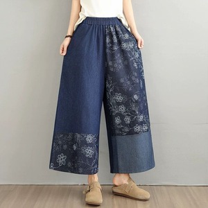STITCH DESIGN ELASTIC WAIST WIDE LEG CROPPED DENIM PANTS 2colors M-16439