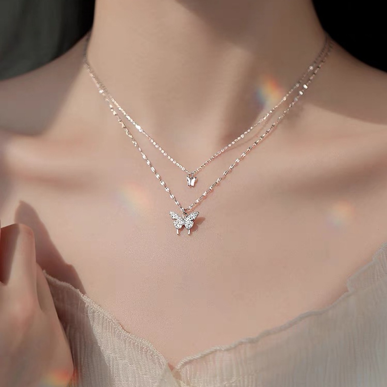 ネックレス かわいい ダブル 蝶々 シルバー ペンダント