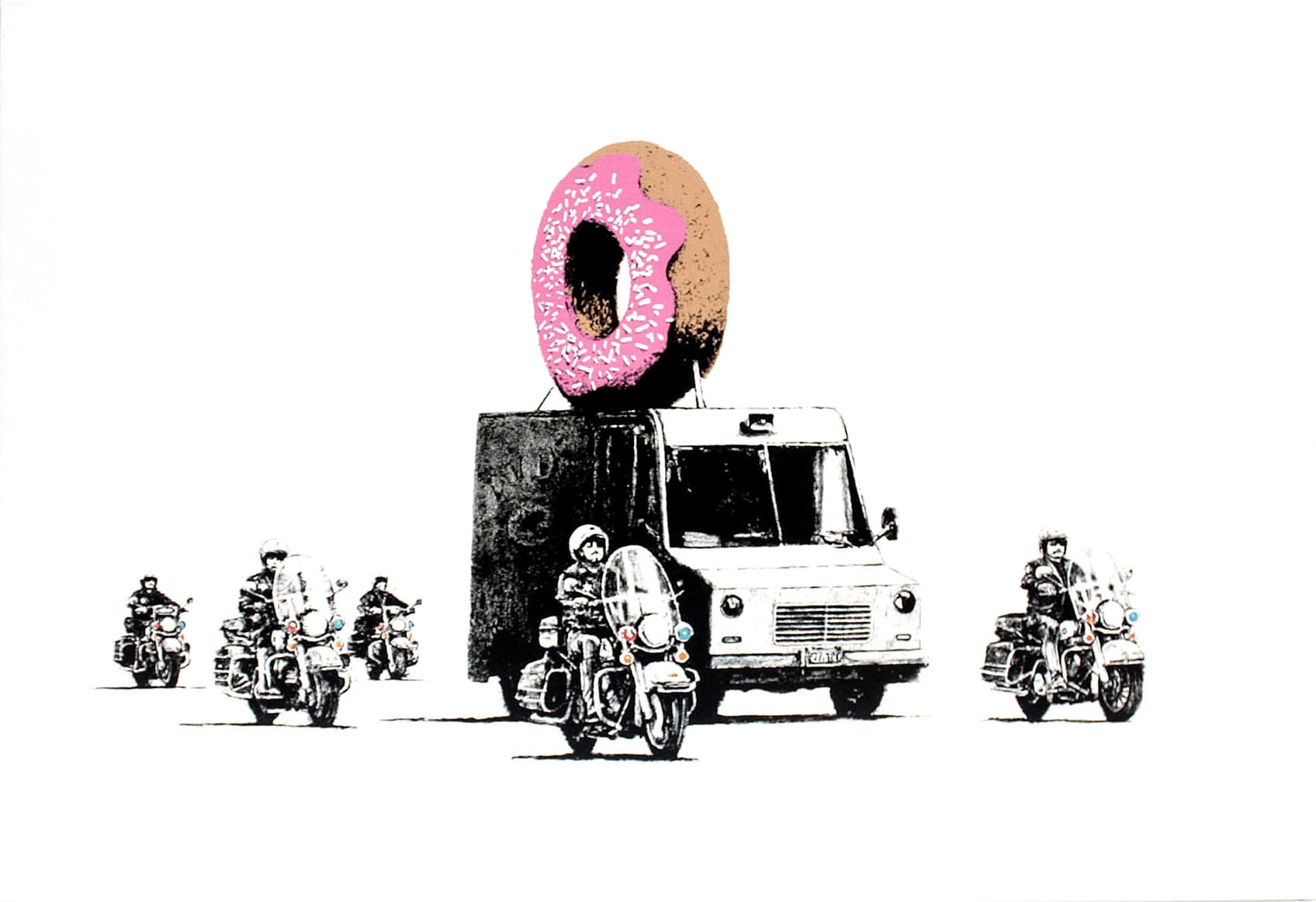 バンクシー「ドーナツ ポリス エスコート/Donut Police Escort(S)」展示用フック付きキャンバスジークレ