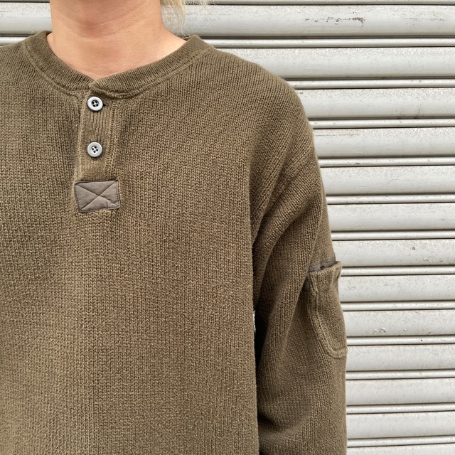 エディーバウアー　イギリス製　ヘンリーネックコットンニット　リブ編み　カーキ　L