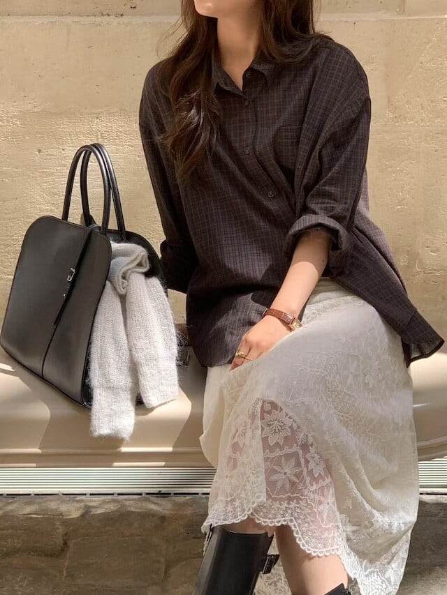 (即納)All over / Gogo check shirt / brown