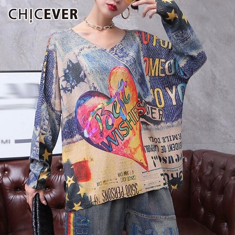 CHICEVERプリントセーター女性Vネックバットウィング長袖パターンルーズヴィンテージプルオーバー服スタイル ロング ビンテージ 6base571907800483