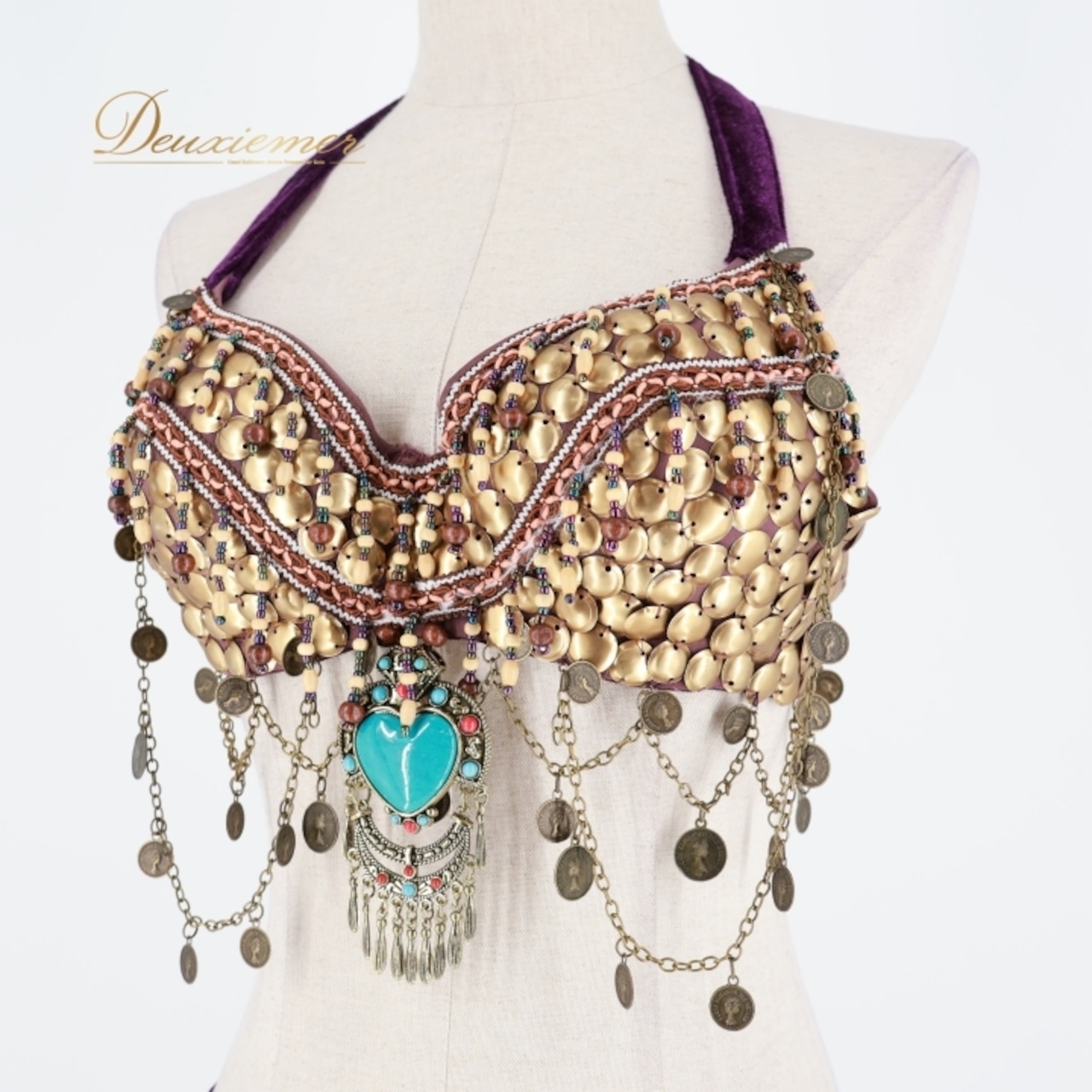 ベリーダンス トライバル 衣装 トップス ベルト セット パープル系 コイン フリンジ 華やか 紫 金 ダンス衣装 イベント ステージ 豪華 装飾 ベロア 練習 レッスン かっこいい おしゃれ ゴールド系