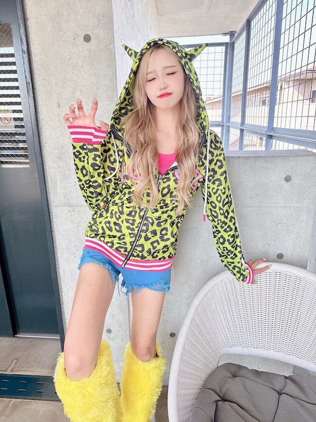 レオパードカジュアルラインパーカー/韓国/レディースファッション/可愛い/おしゃれ/ギャル/蛍光/ヒョウ柄/秋/冬（1-174）