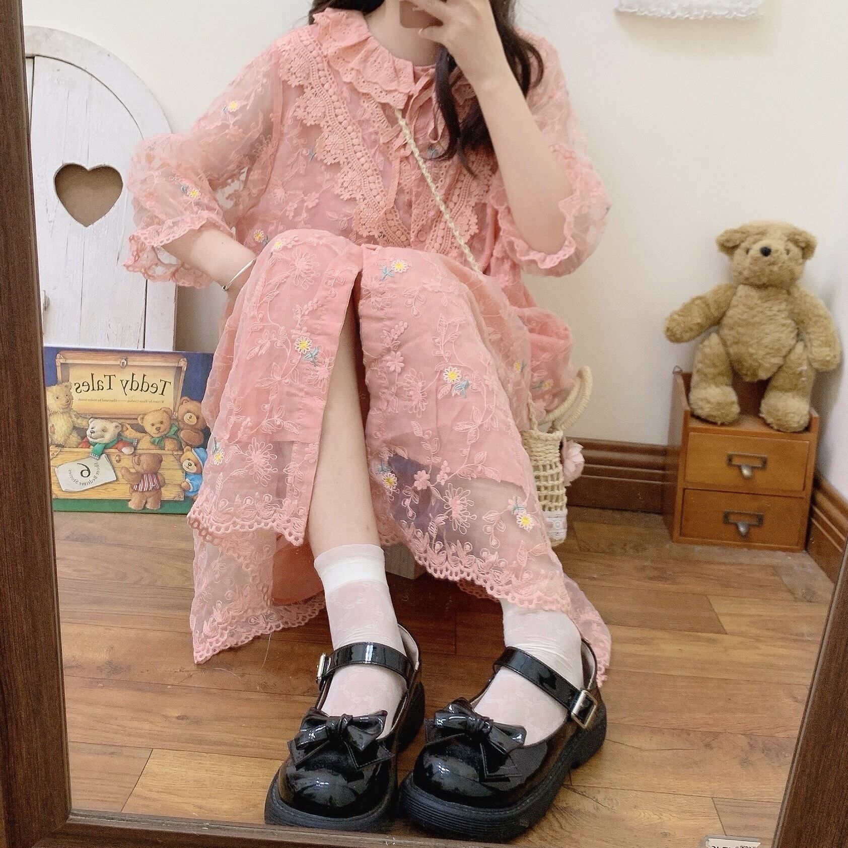 ワンピース グリーン 森ガール ピンク ワンピース 花柄 フラワー