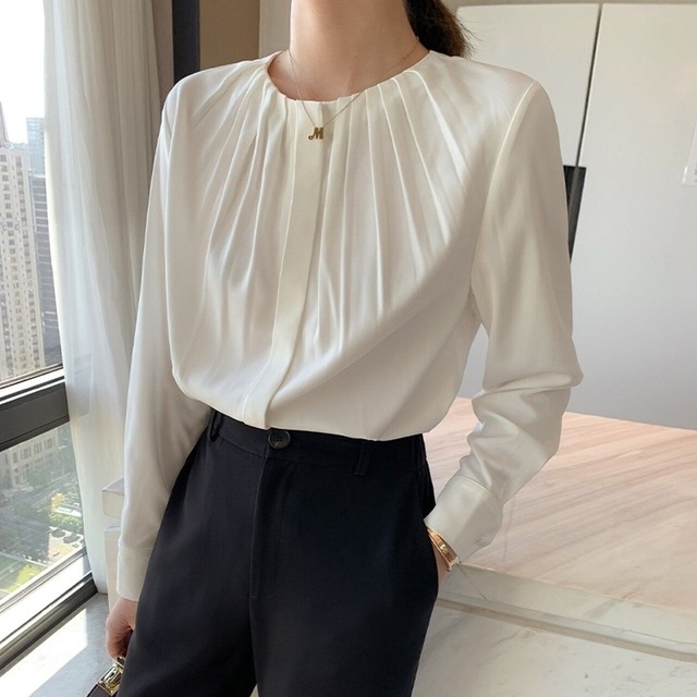 【２色展開】タックラウンドネックブラウス s0394