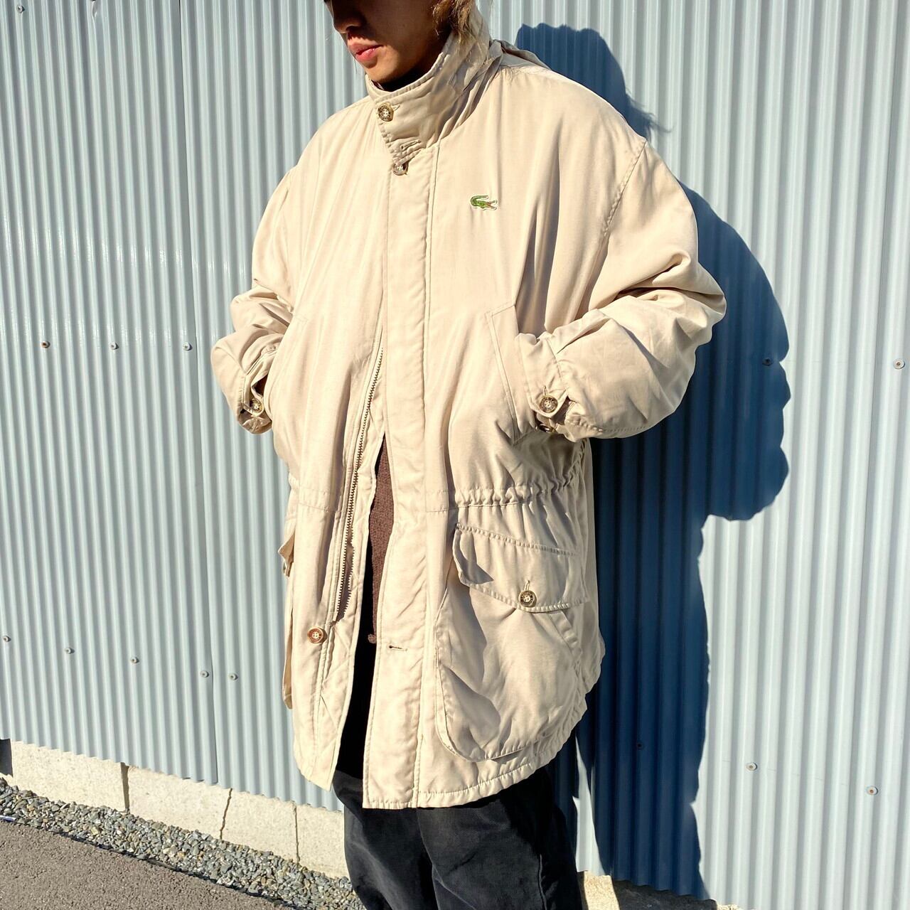 フランス製 Lacoste フレンチラコステ ハイネック スタンドカラー ポリエステル ハーフコート メンズxl相当 古着 ベージュ キルティング ウールライナー フード収納式 ブルゾン ジャケット Cave 古着屋 公式 古着通販サイト