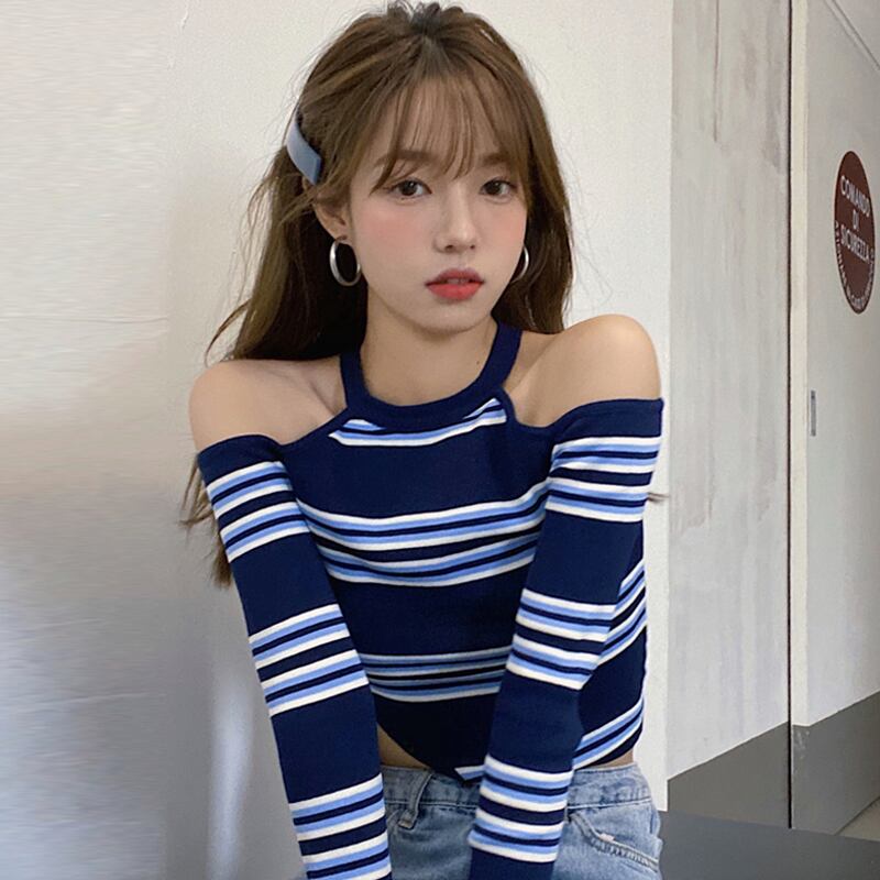 ストライプセーター スプリングオータムスリムショートトップス ロング 大人ガーリー スウィート キュート カジュアル 春物 秋物 試着室11875665482