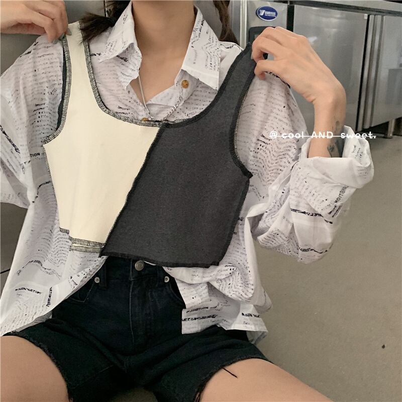 対照的なセクシーなショートショートサスペンダースポーツベスト女性の夏のアウターウェアノースリーブトップとタイトなボトミングシャツ ブラックストロベリース34181378971