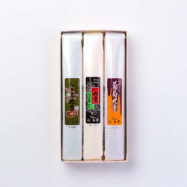 九重（箱詰 120g 3本入［ゆず・ぶどう・ひき茶］） | 九重本舗玉澤