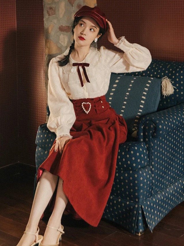 【0210】Heart Skirt Ribbon Long Sleeve 2 Piece Set