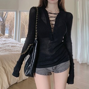 【送料無料】 Vネック レースアップ ニット トップス 長袖 レディース 春秋 韓国 肌見せ きれいめ 大人 かわいい おしゃれ 薄手 透け感 大人可愛い 大人女子