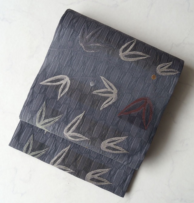 【夏ふくろ帯】墨色地　王宮更紗　市松地紋　竹に丸文　紗ふくろ帯