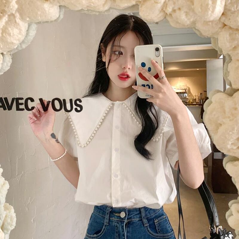 カラーホワイトシャツ サマー薄手スリーブトップス 夏物 試着室51747169982