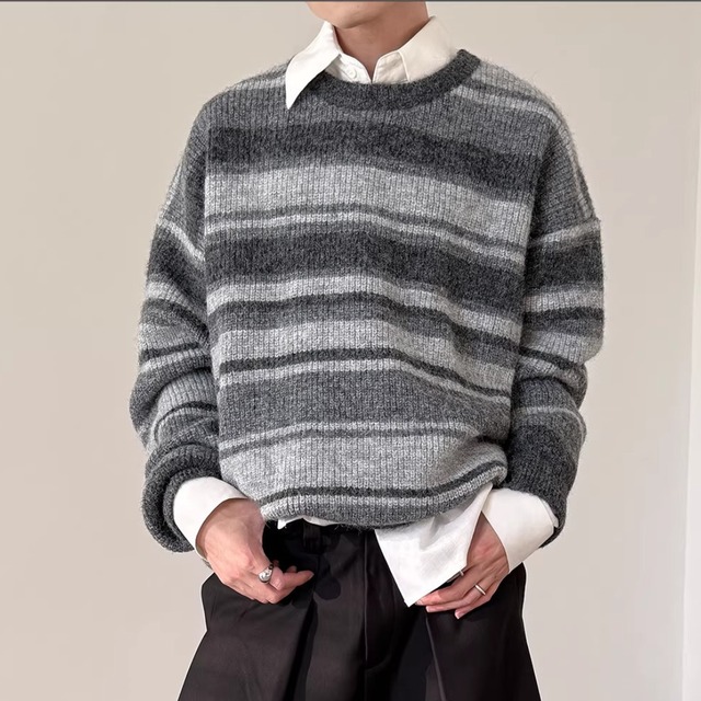 Relaxed Fit Gray Striped Knit Sweater – Unisex Colorblock Wool Design (FD062)